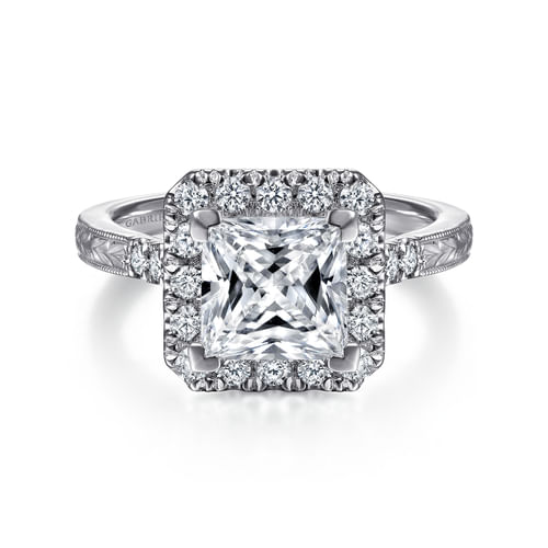 Vintage Inspired 14K White Gold Princess Halo Diamond Engagement Ring