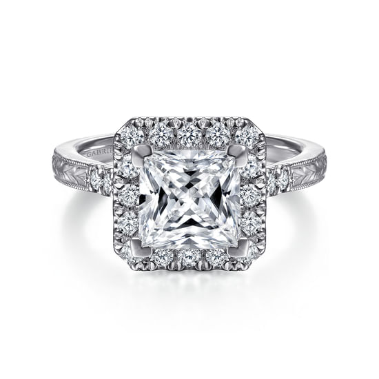 Gabriel - Vintage Inspired 14K White Gold Princess Halo Diamond Engagement Ring