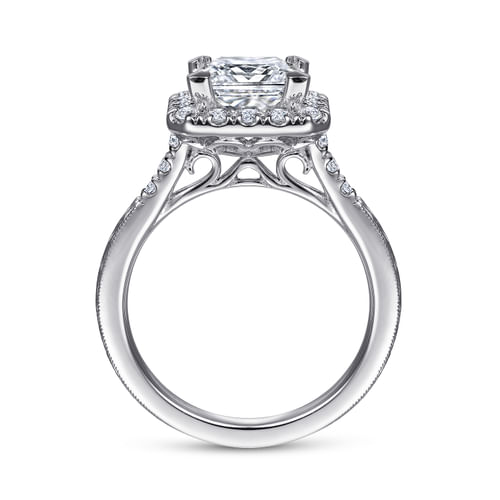 Vintage Inspired 14K White Gold Princess Halo Diamond Engagement Ring