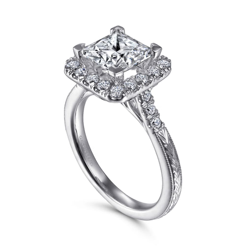 Vintage Inspired 14K White Gold Princess Halo Diamond Engagement Ring