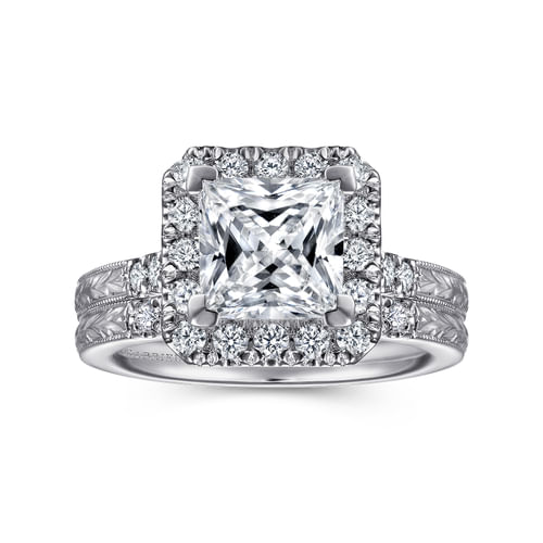 Vintage Inspired 14K White Gold Princess Halo Diamond Engagement Ring