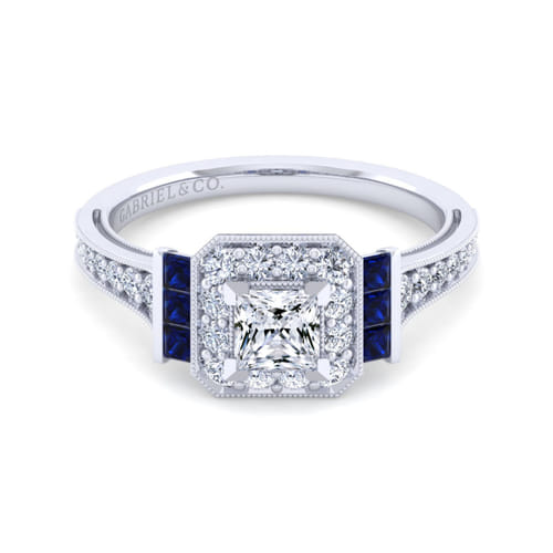 Vintage Inspired 14K White Gold Princess Halo Sapphire and Diamond Channel Set Engagement Ring