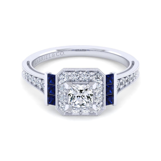 Gabriel - Vintage Inspired 14K White Gold Princess Halo Sapphire and Diamond Channel Set Engagement Ring Gabriel - Vintage Inspired 14K White Gold Princess Halo Sapphire and Diamond Channel Set Engagement Ring