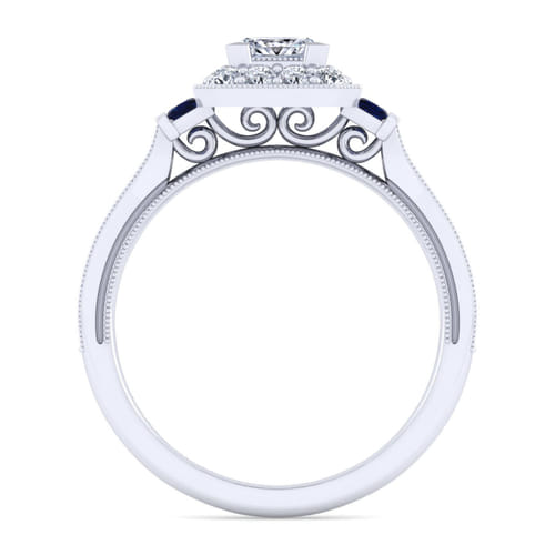 Vintage Inspired 14K White Gold Princess Halo Sapphire and Diamond Channel Set Engagement Ring