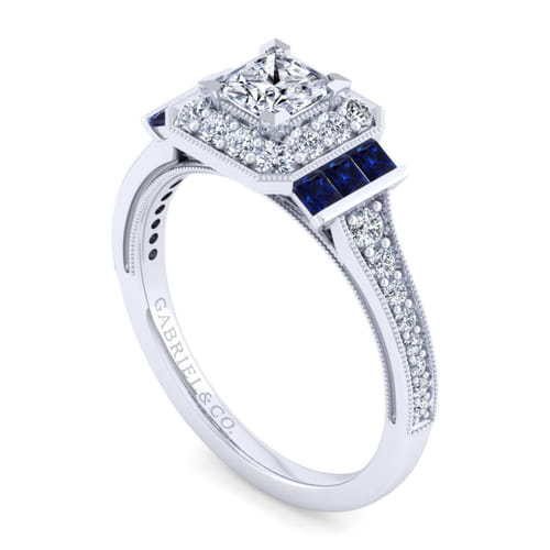 Vintage Inspired 14K White Gold Princess Halo Sapphire and Diamond Channel Set Engagement Ring