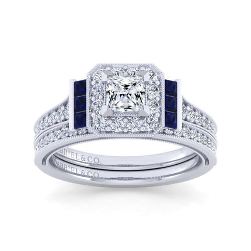 Vintage Inspired 14K White Gold Princess Halo Sapphire and Diamond Channel Set Engagement Ring