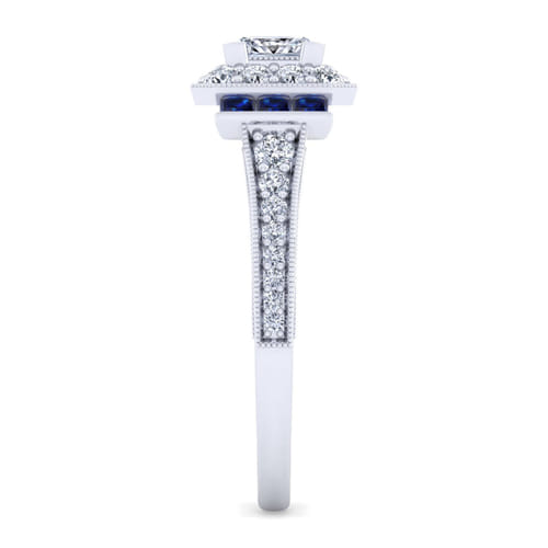 Vintage Inspired 14K White Gold Princess Halo Sapphire and Diamond Channel Set Engagement Ring