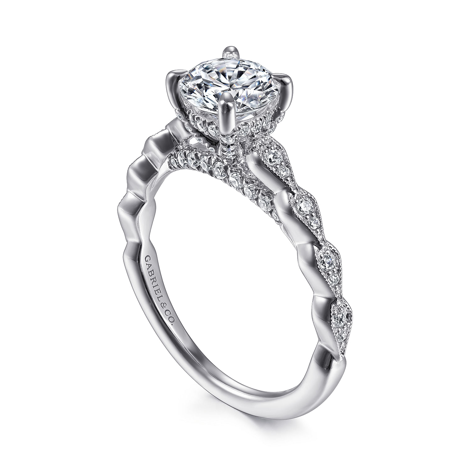 Vintage Inspired 14K White Gold Round  Diamond Engagement Ring