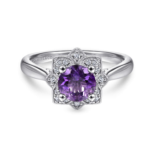 Vintage Inspired 14K White Gold Round Amethyst and Diamond Flower Promise Ring