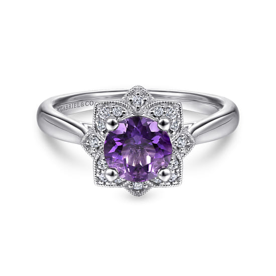 Gabriel - Vintage Inspired 14K White Gold Round Amethyst and Diamond Flower Promise Ring