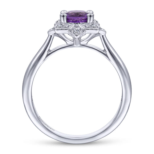 Vintage Inspired 14K White Gold Round Amethyst and Diamond Flower Promise Ring