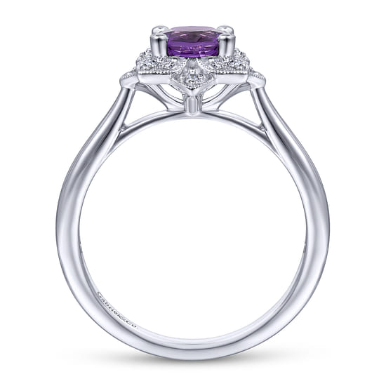 Vintage Inspired 14K White Gold Round Amethyst and Diamond Flower Promise Ring angle 2