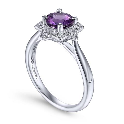 Vintage Inspired 14K White Gold Round Amethyst and Diamond Flower Promise Ring