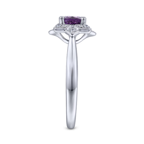 Vintage Inspired 14K White Gold Round Amethyst and Diamond Flower Promise Ring angle 4