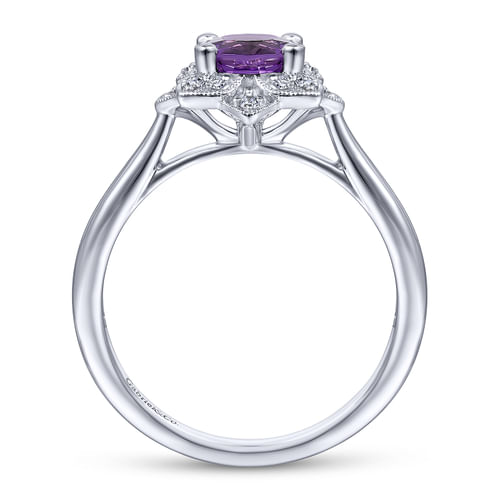 Vintage Inspired 14K White Gold Round Amethyst and Diamond Flower Ring
