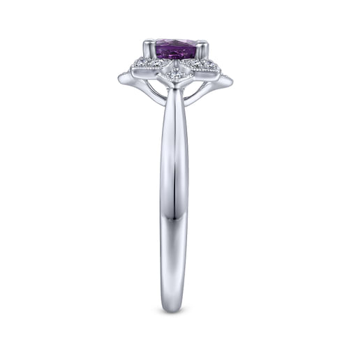 Vintage Inspired 14K White Gold Round Amethyst and Diamond Flower Ring