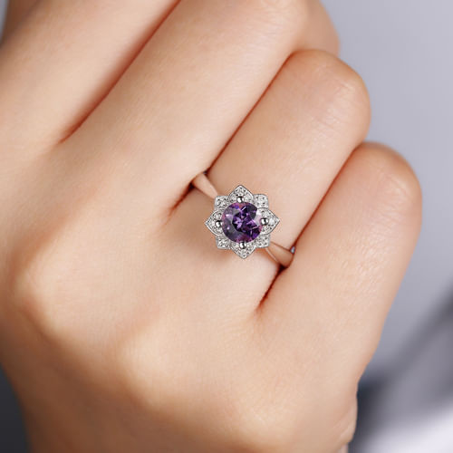 Vintage Inspired 14K White Gold Round Amethyst and Diamond Flower Ring