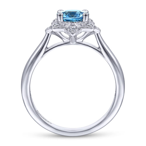 Vintage Inspired 14K White Gold Round Blue Topaz and Floral Diamond Halo Promise Ring