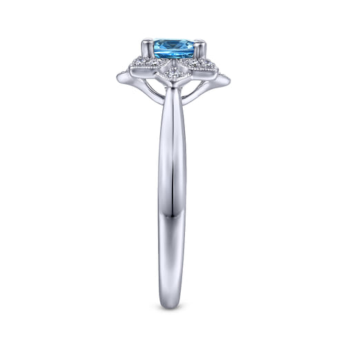 Vintage Inspired 14K White Gold Round Blue Topaz and Floral Diamond Halo Promise Ring