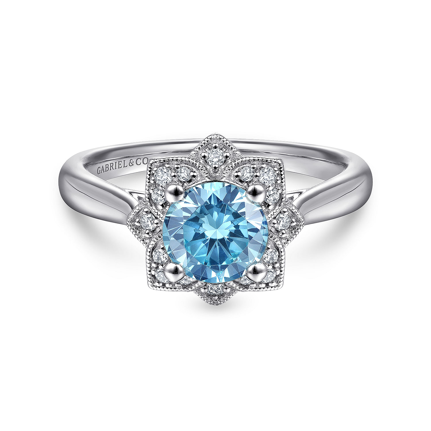 Vintage Inspired 14K White Gold Round Blue Topaz and Floral Diamond Halo Ring