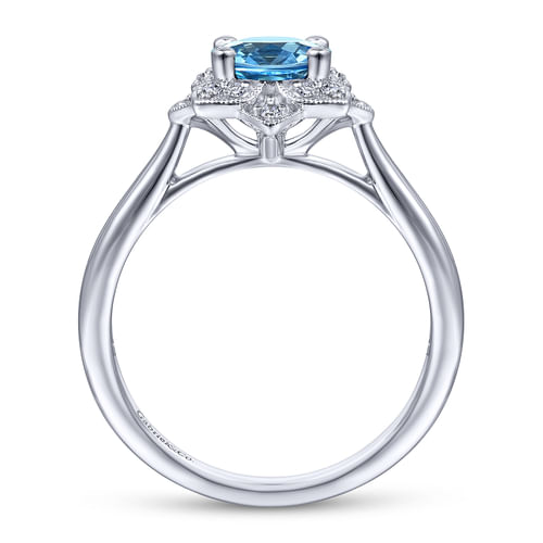 Vintage Inspired 14K White Gold Round Blue Topaz and Floral Diamond Halo Ring