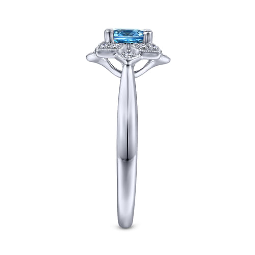 Vintage Inspired 14K White Gold Round Blue Topaz and Floral Diamond Halo Ring