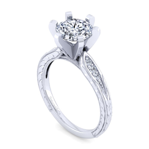 Vintage Inspired 14K White Gold Round Diamond Engagement Ring