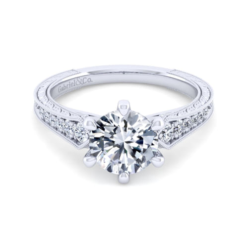 Vintage Inspired 14K White Gold Round Diamond Engagement Ring
