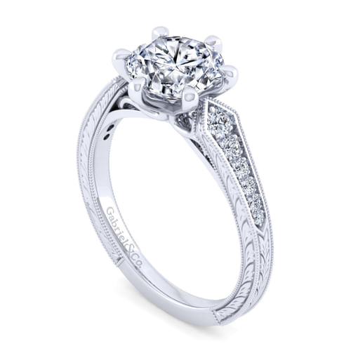 Vintage Inspired 14K White Gold Round Diamond Engagement Ring