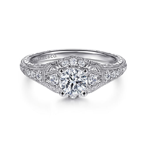 Vintage Inspired 14K White Gold Round Diamond Engagement Ring