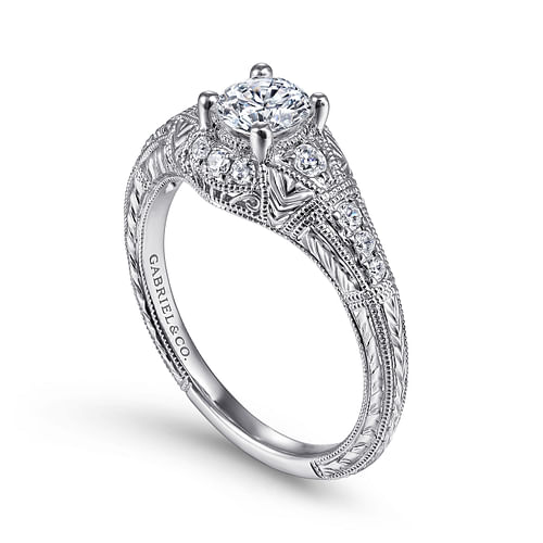 Vintage Inspired 14K White Gold Round Diamond Engagement Ring