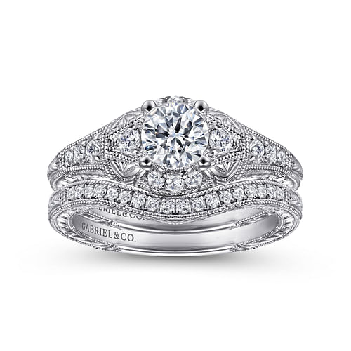 Vintage Inspired 14K White Gold Round Diamond Engagement Ring