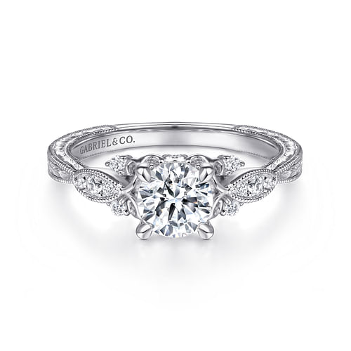 Vintage Inspired 14K White Gold Round Diamond Engagement Ring