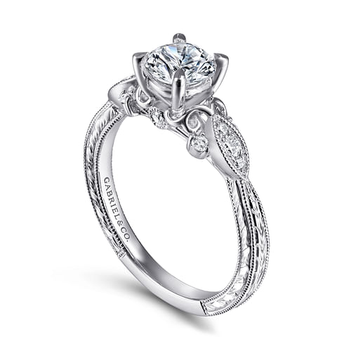 Vintage Inspired 14K White Gold Round Diamond Engagement Ring