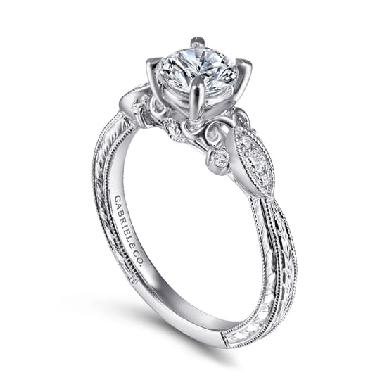 Vintage Inspired 14K White Gold Round Diamond Engagement Ring angle 3