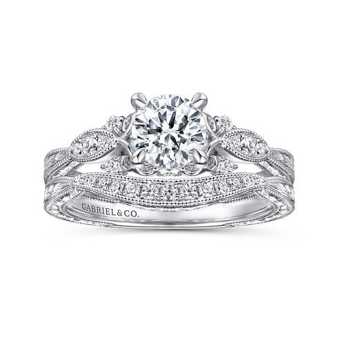 Vintage Inspired 14K White Gold Round Diamond Engagement Ring