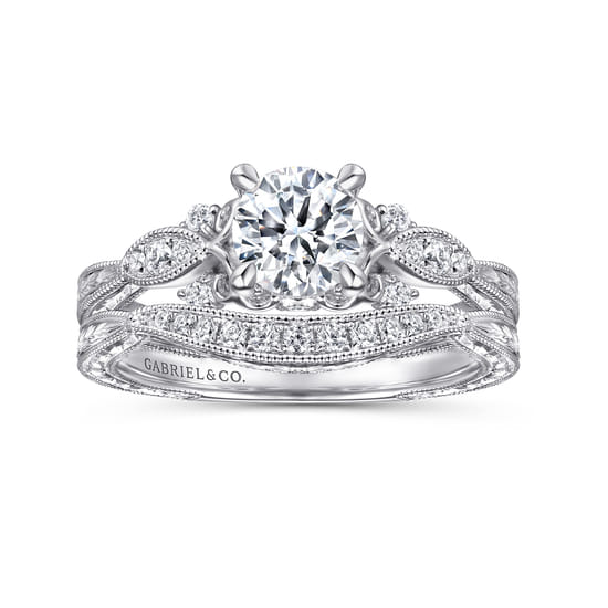 Vintage Inspired 14K White Gold Round Diamond Engagement Ring angle 4