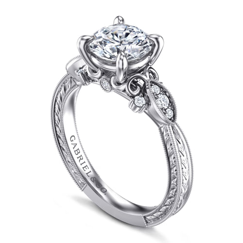 Vintage Inspired 14K White Gold Round Diamond Engagement Ring