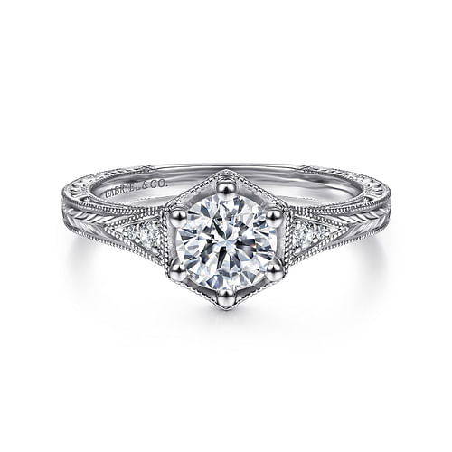 Vintage Inspired 14K White Gold Round Diamond Engagement Ring