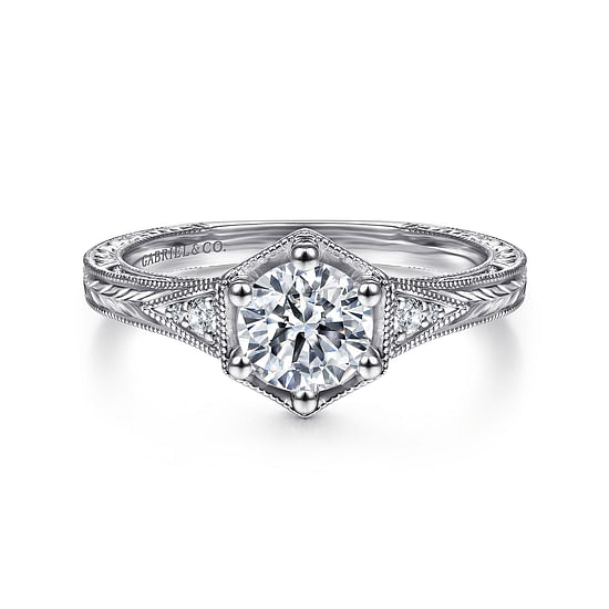 Gabriel - Vintage Inspired 14K White Gold Round Diamond Engagement Ring