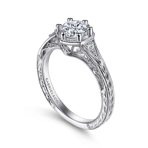 Vintage Inspired 14K White Gold Round Diamond Engagement Ring