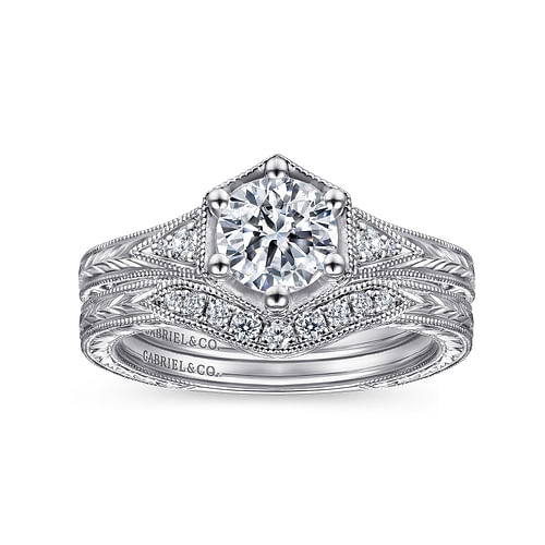 Vintage Inspired 14K White Gold Round Diamond Engagement Ring