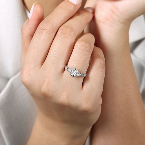 Vintage Inspired 14K White Gold Round Diamond Engagement Ring