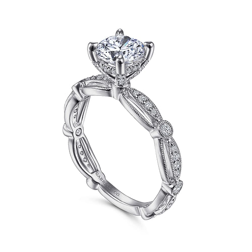 Vintage Inspired 14K White Gold Round Diamond Engagement Ring