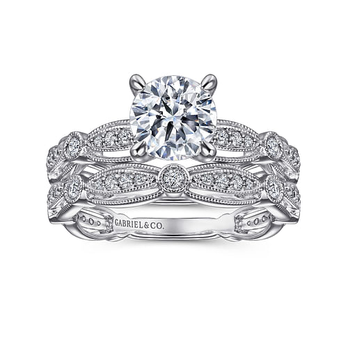 Vintage Inspired 14K White Gold Round Diamond Engagement Ring