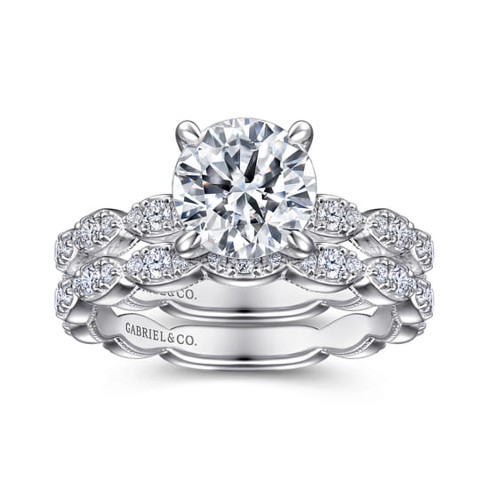 Vintage Inspired 14K White Gold Round Diamond Engagement Ring angle 4