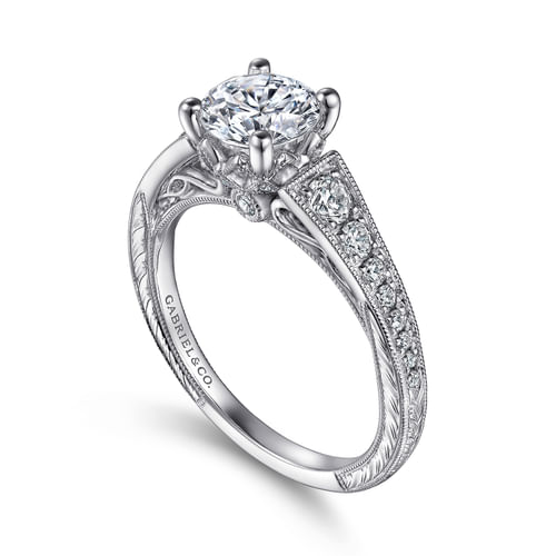 Vintage Inspired 14K White Gold Round Diamond Engagement Ring