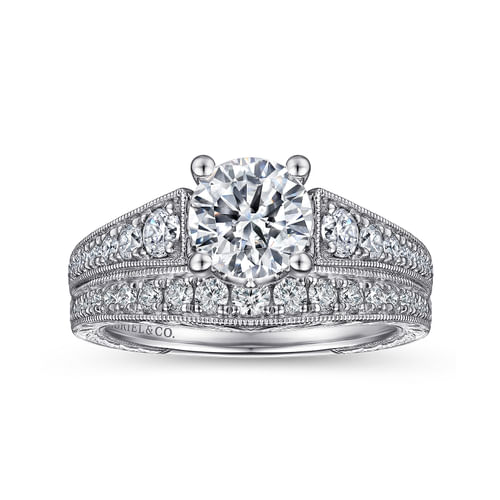 Vintage Inspired 14K White Gold Round Diamond Engagement Ring