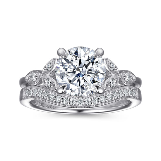 Vintage Inspired 14K White Gold Round Diamond Engagement Ring angle 4