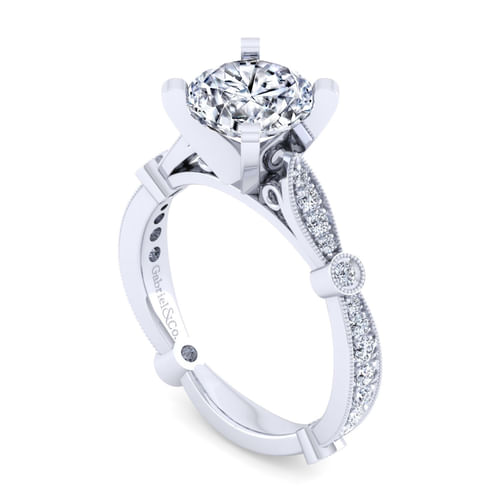 Vintage Inspired 14K White Gold Round Diamond Engagement Ring
